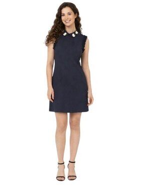ZARA Trafaluc Navy Blue Medium Ruffle Mini Dress Floral Embellished Collar